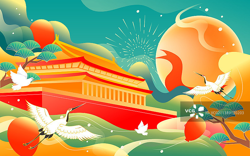 庆祝中秋国庆节北京城市古建筑地标节日插画图片素材