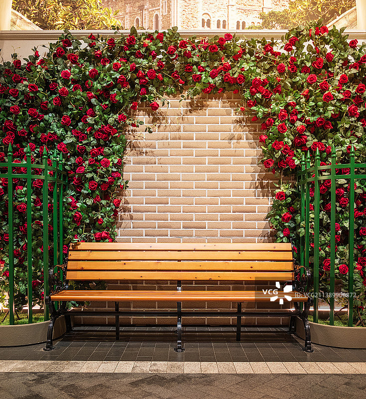 浪漫玫瑰花墙下的椅子图片素材
