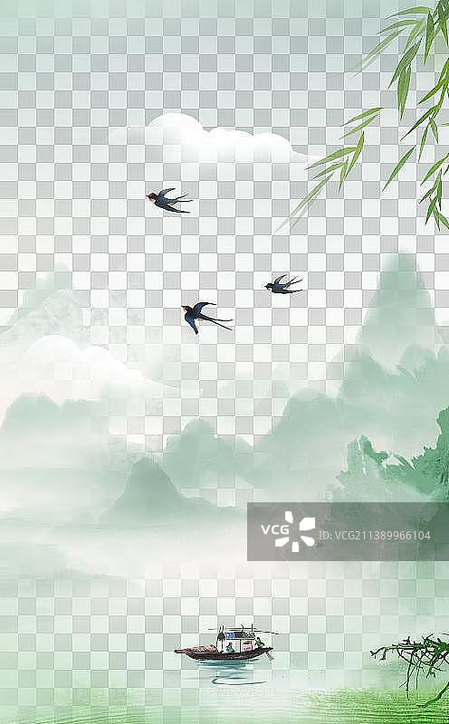 中国风春天绿色水墨山水画背景图片素材