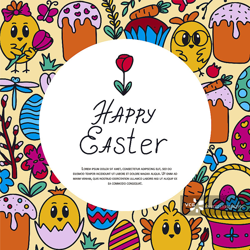 复活节传统的涂鸦横幅——鸡蛋和鸡图片素材