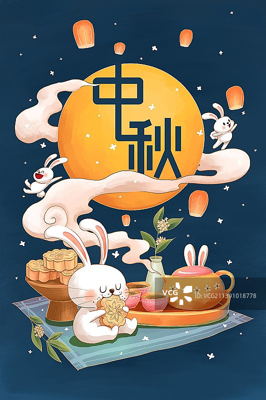 中秋节玉兔吃月饼赏月插图图片素材