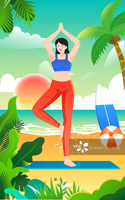 夏天女孩健身减肥瑜伽锻炼教练直播跳操插画图片素材