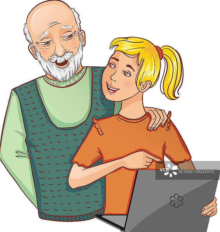 爷爷和孙女用笔记本电脑工作图片素材