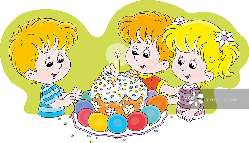 快乐的孩子们和精美的复活节蛋糕图片素材