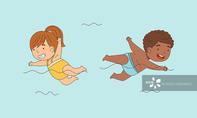 男孩和女孩在游泳池游泳的孩子图片素材