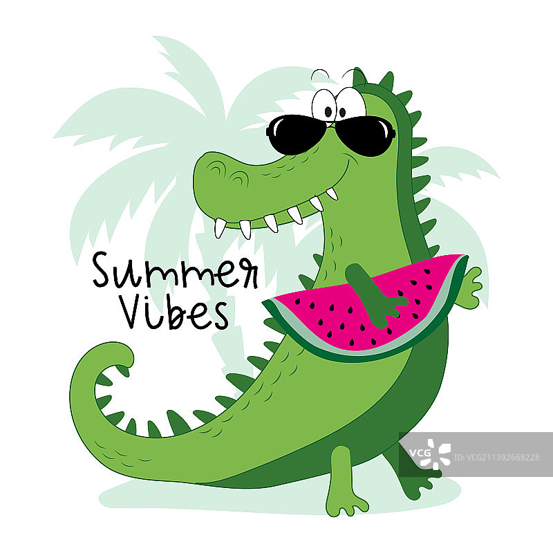 夏天的氛围——有趣的鳄鱼和西瓜图片素材
