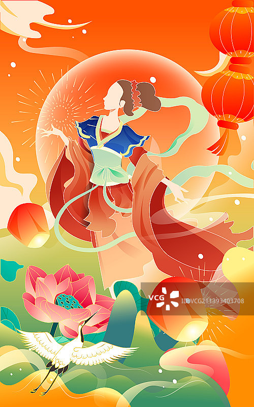 八月十五中秋节嫦娥奔月传统节日中国风插画图片素材