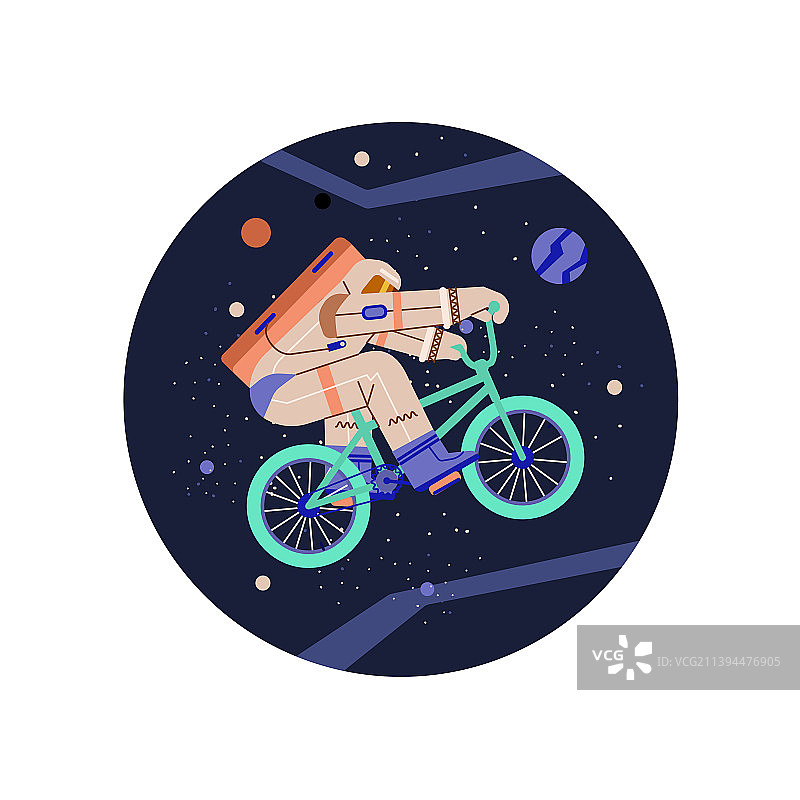 宇航员骑着自行车在外太空绕圈图片素材