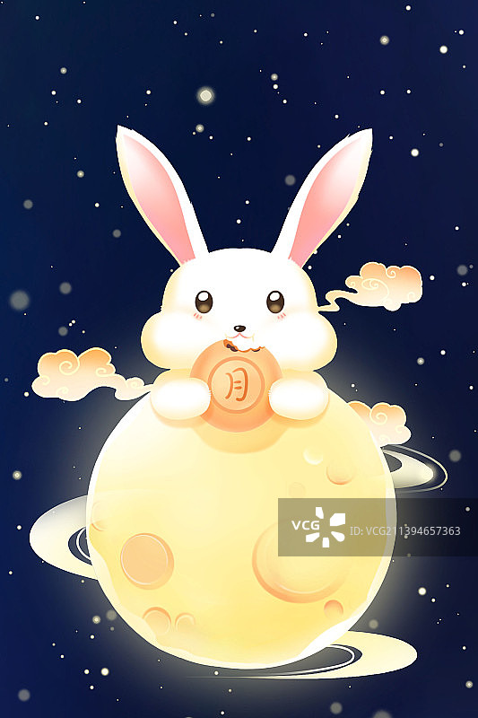 中秋节唯美卡通兔子吃月饼插画图片素材