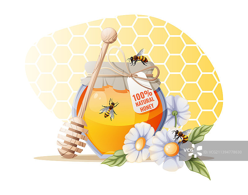 一罐蜂蜜和木勺花和图片素材