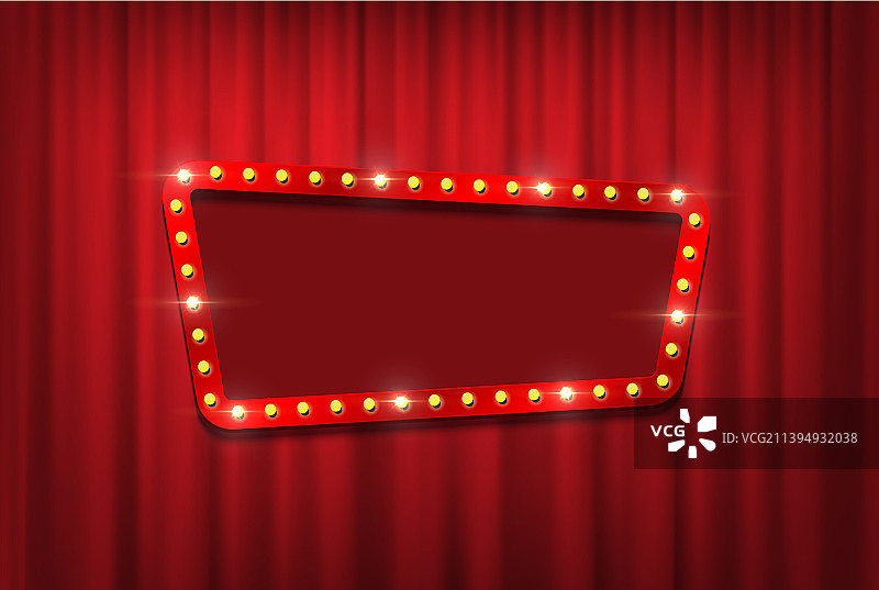 红色窗帘上有空的灯泡框架图片素材