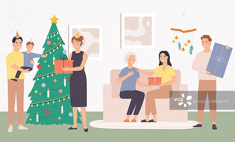 圣诞节与幸福的家人在家里卡通图片素材