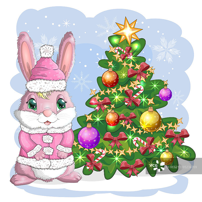 可爱的卡通兔子戴着圣诞老人的帽子图片素材