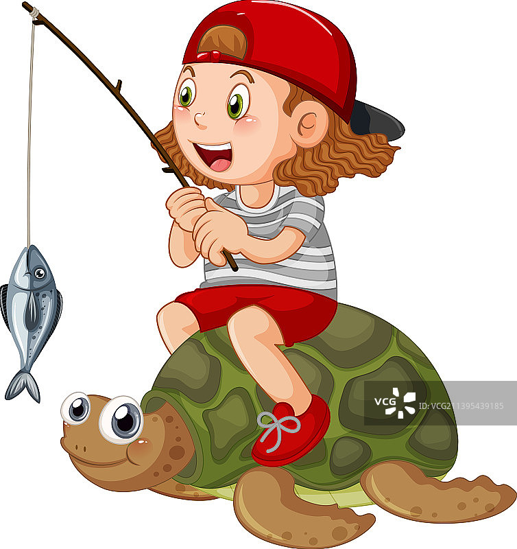 小孩坐在乌龟上钓鱼图片素材