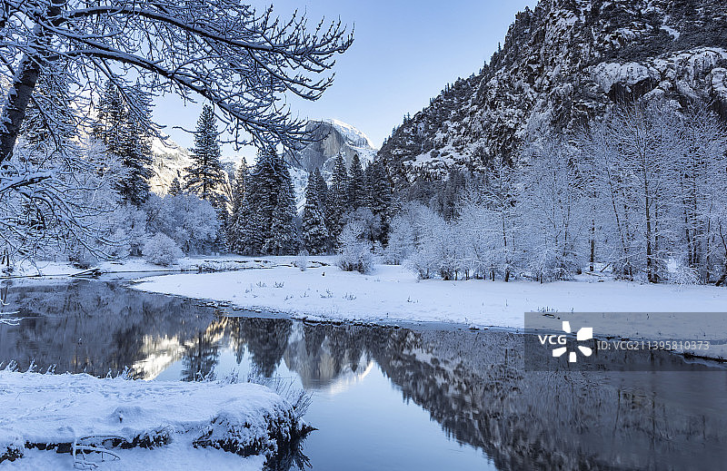 冬天的湖景，树木映衬天空图片素材