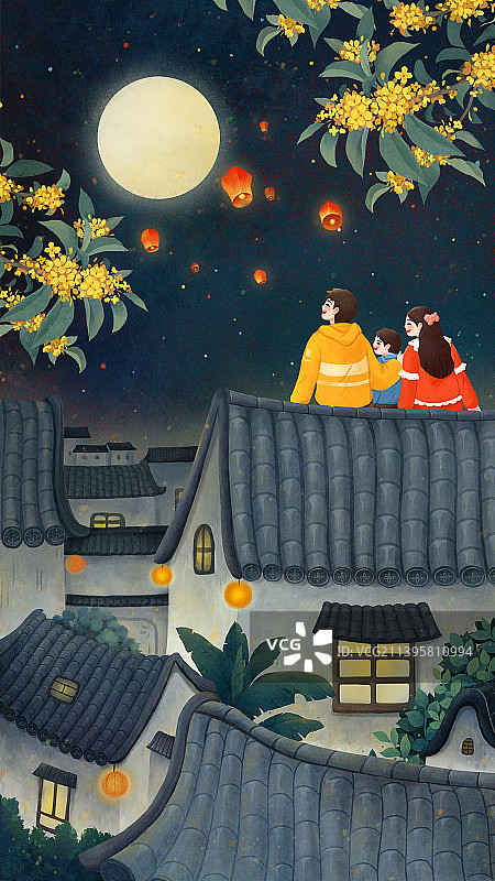 中秋节插画一家人赏月图片素材