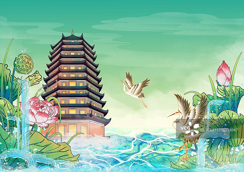杭州地标建筑国风插画六和塔图片素材