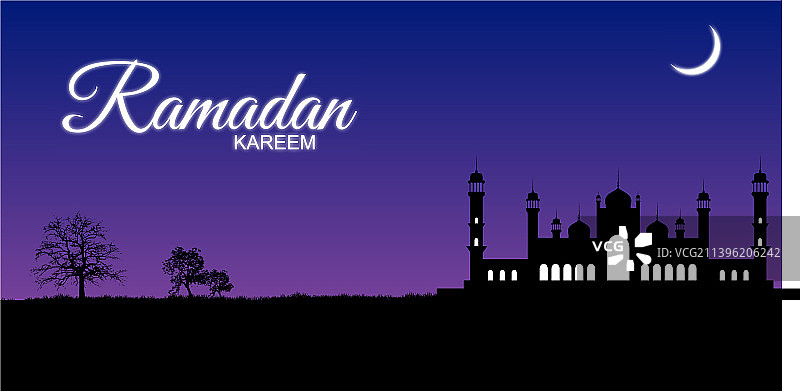 夜间清真寺剪影与树木斋月卡里姆图片素材