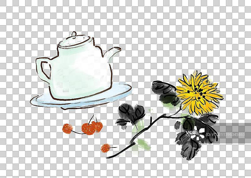 秋天节气处暑秋分喝茶插画设计水墨国风元素图片素材