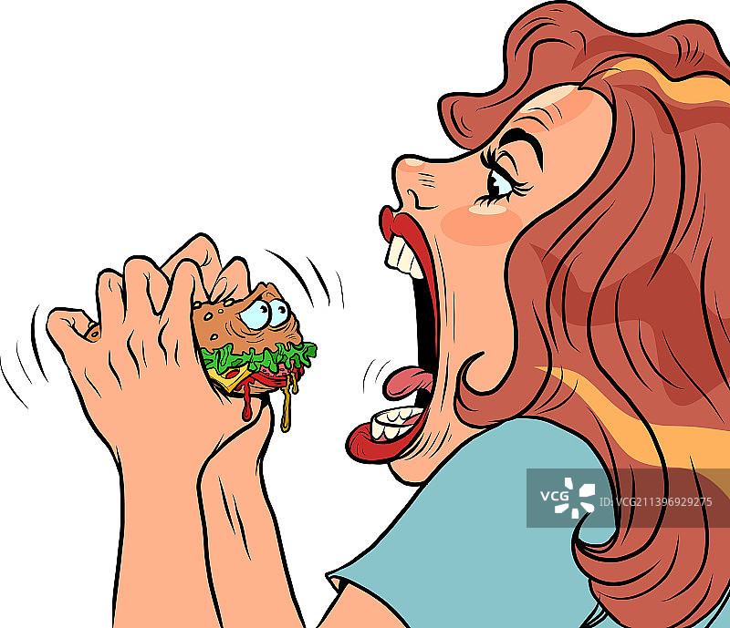 女子在餐厅咬可爱的汉堡人物图片素材