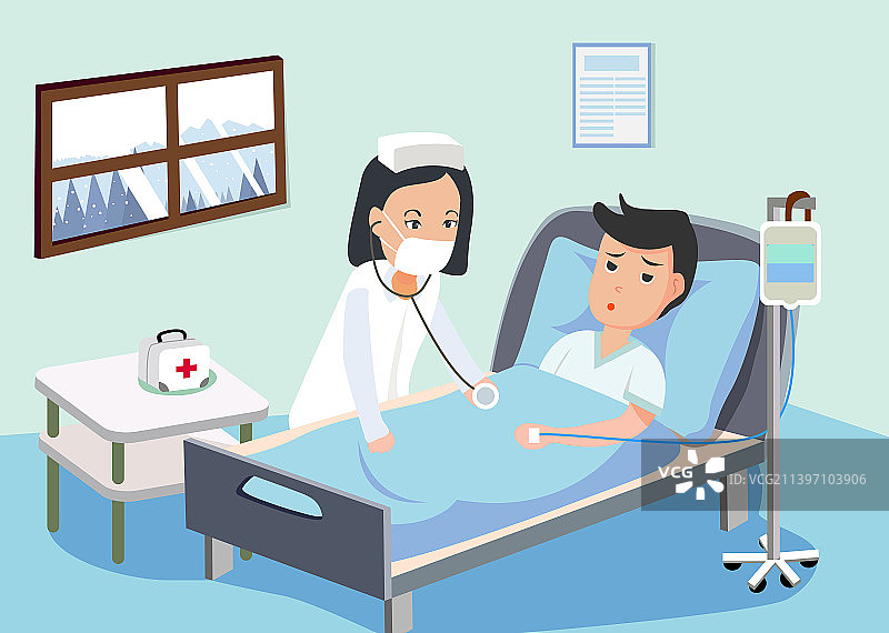 冬天护士在医院照顾病人插画图片素材