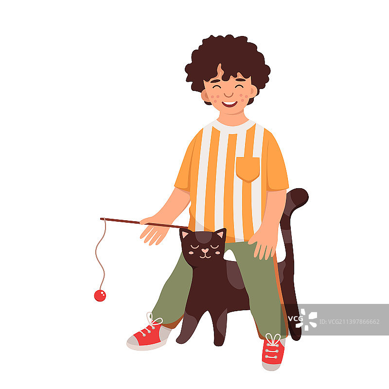 快乐的男孩和他的猫玩图片素材