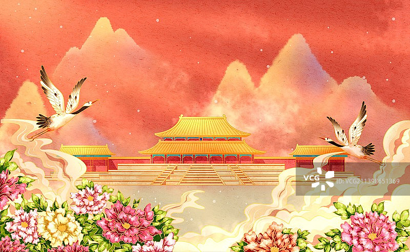 传统宫殿牡丹国潮风插画图片素材