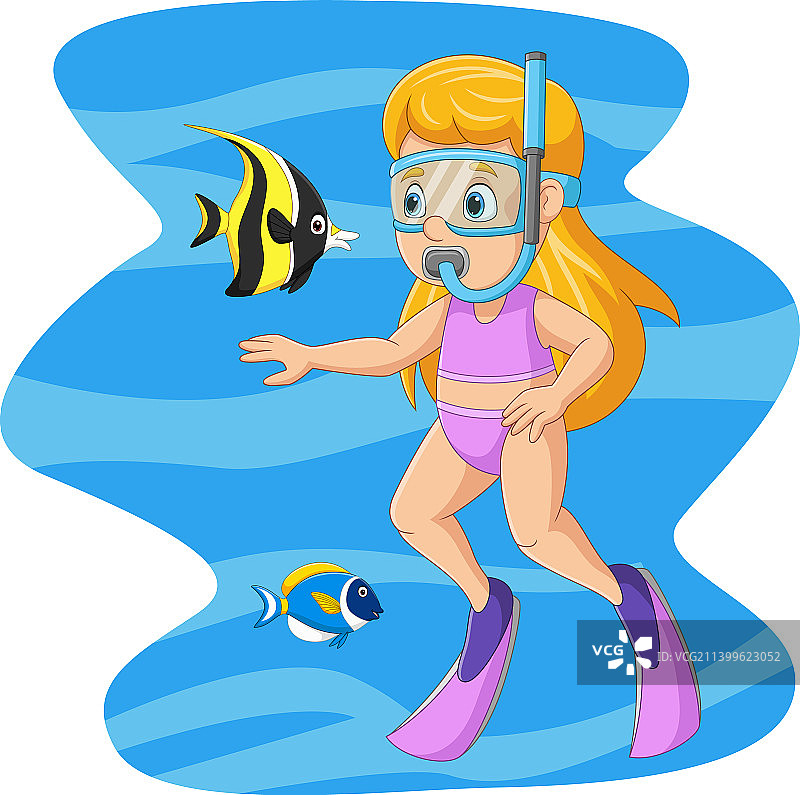 卡通小女孩在水下与热带图片素材