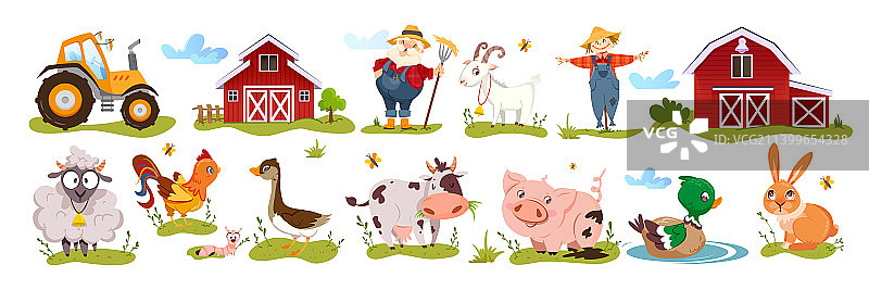 扁平可爱的农场动物和农民与谷仓房子图片素材
