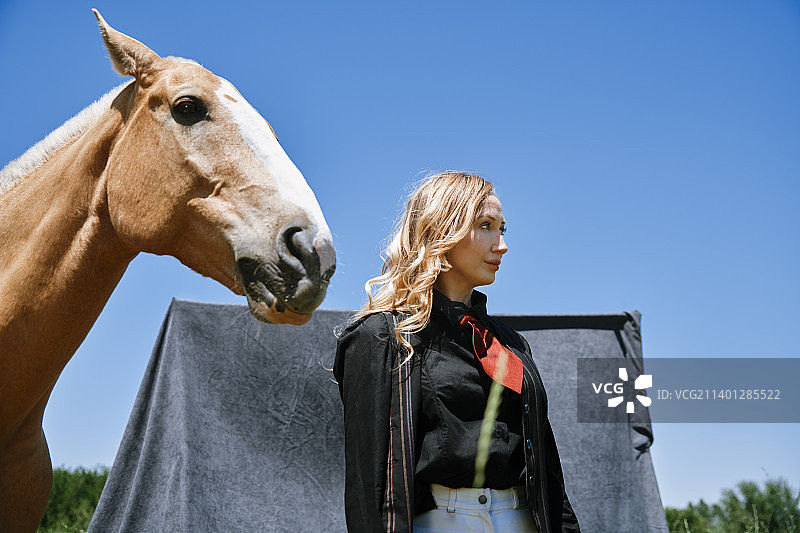 女人穿着骑师服装，站在她的栗色马在灰色背景与自然和草地周围。很适合做书的封面图片素材