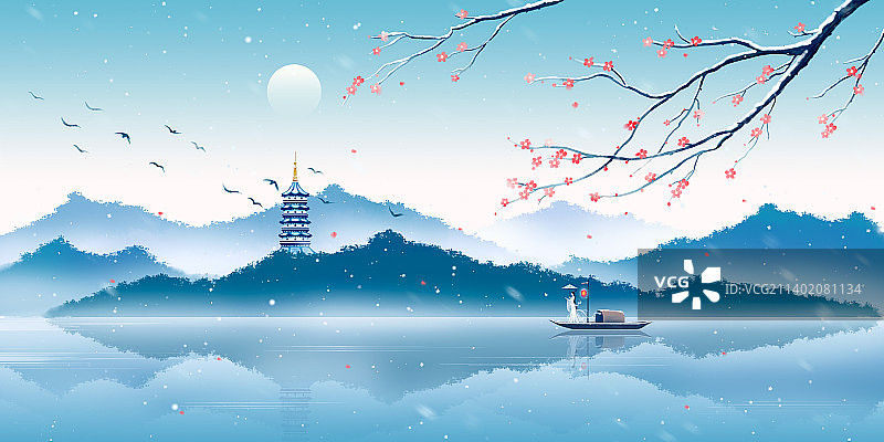 杭州西湖冬天唯美中国风插画图片素材