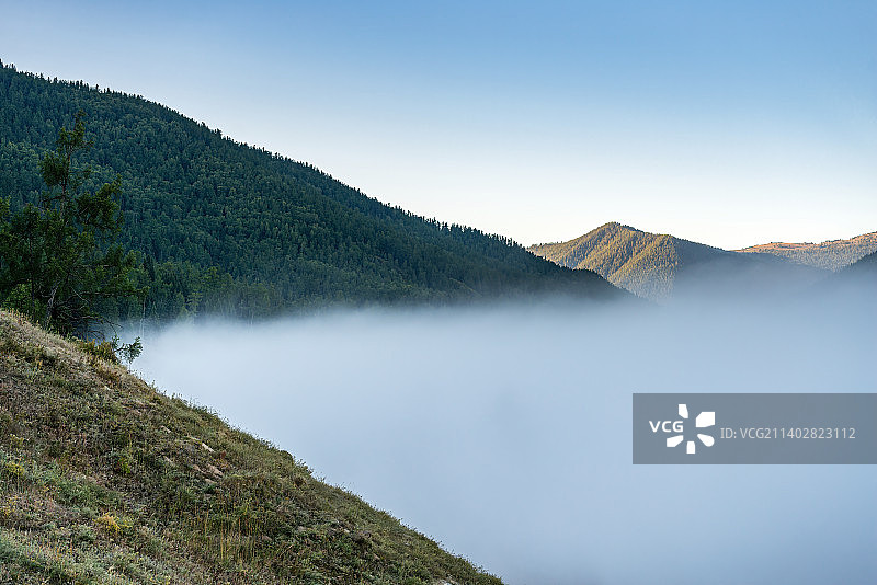 新疆喀纳斯神仙湾晨雾风光图片素材