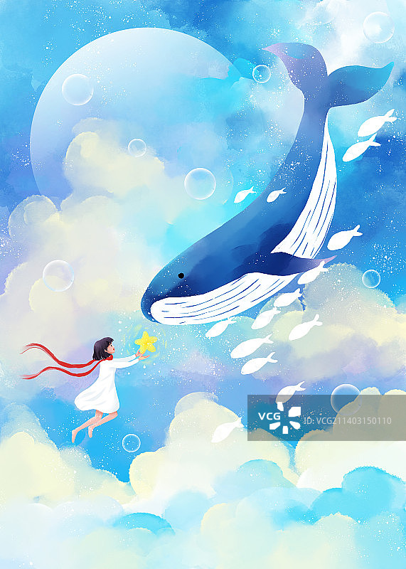 小女孩与鲸鱼插画图片素材