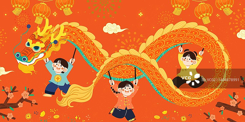手绘红色喜庆庆祝传统节日欢乐舞龙插画图片素材