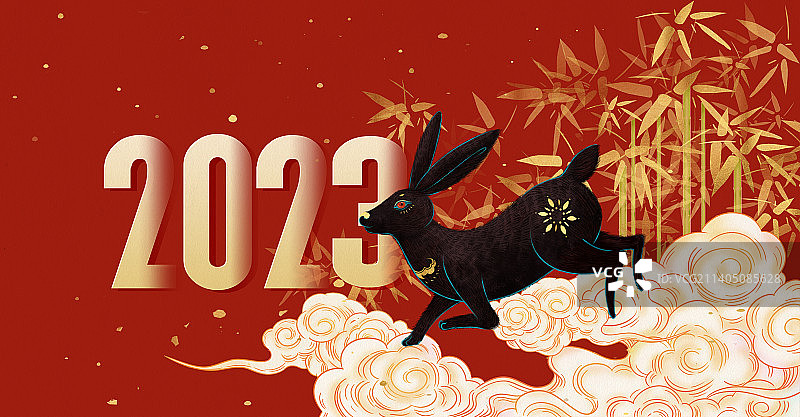 2023兔年除夕新年新中式插画海报图片素材