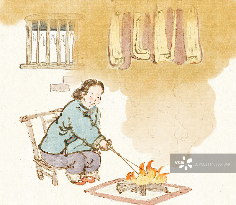记忆里农村的冬天妈妈准备年货熏腊肉的场景插画图片素材