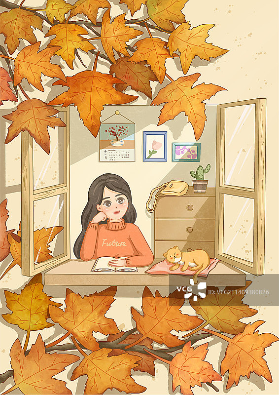 坐在窗边看秋天落叶风景的女孩图片素材