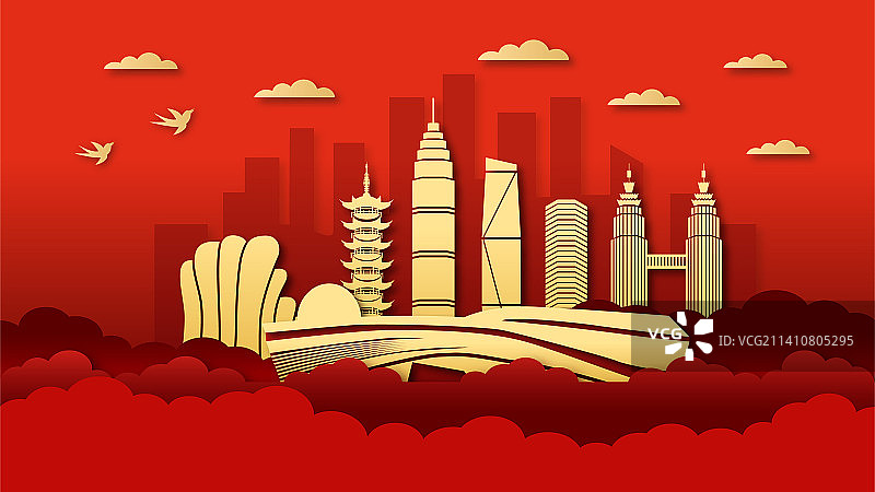 中国浙江绍兴市城市城市剪纸风矢量插画图片素材