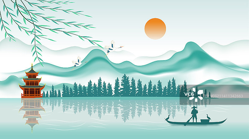 新中式国潮创意水墨山水矢量插画图片素材