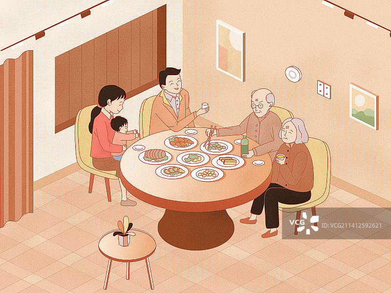 家庭日常父母一家人孩子年夜饭除夕生活快乐质感插画图片素材