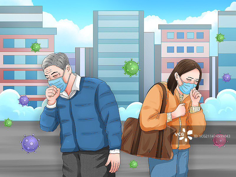 城市里戴口罩咳嗽的人插画图片素材