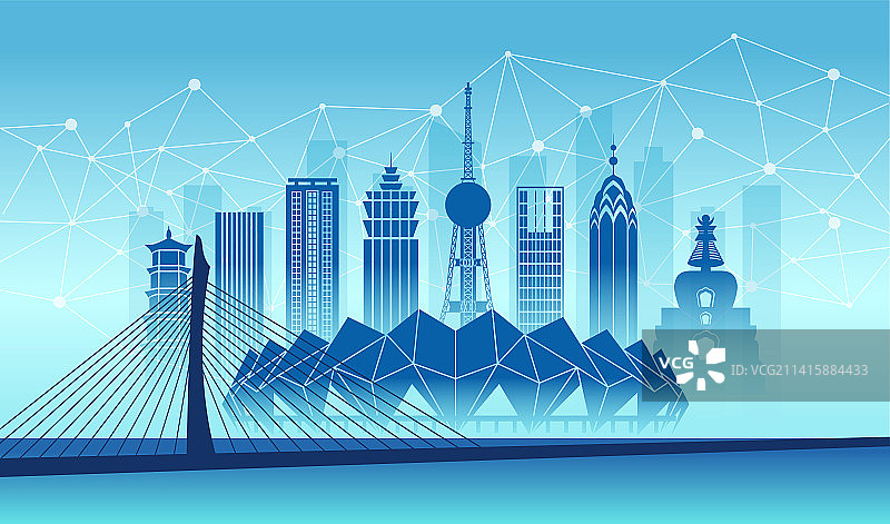 中国青海省西宁市城市数据5G网络插画蓝色图片素材