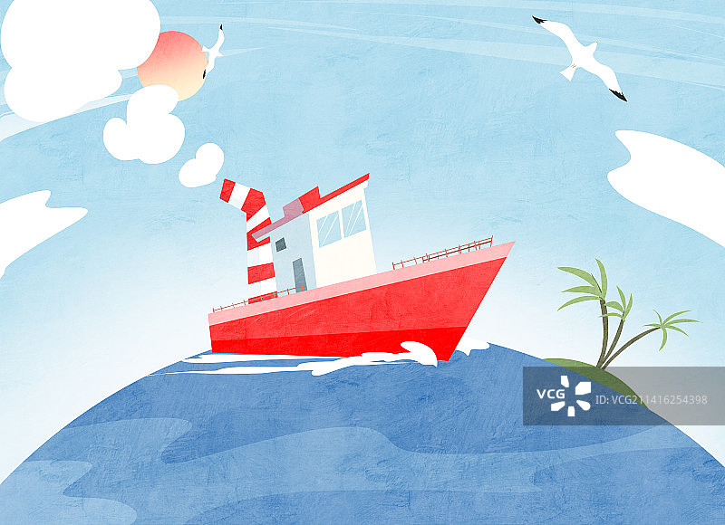 大海上航行的卡通红色小轮船风景插画图片素材
