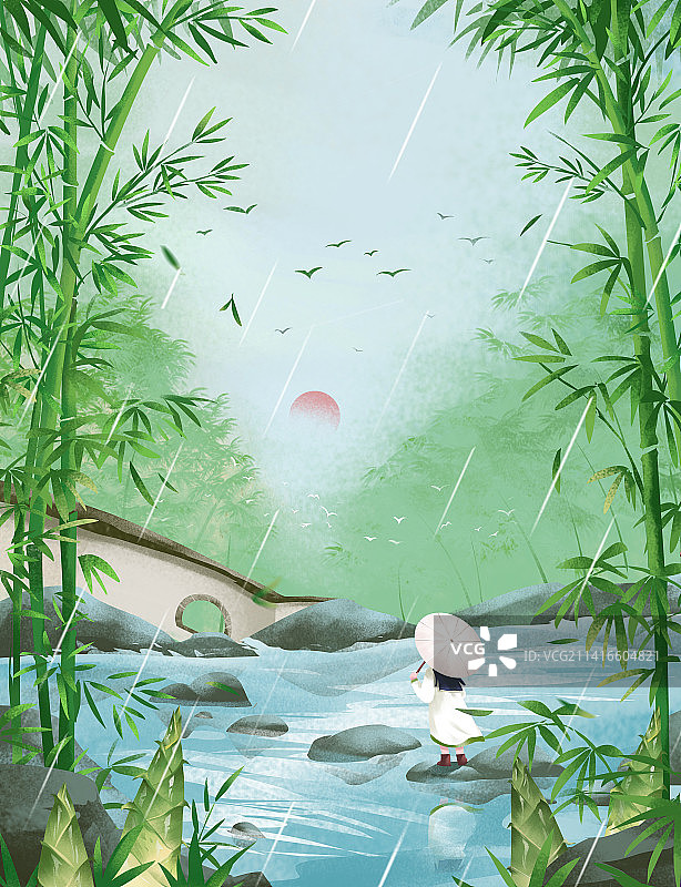 二十四节气之雨水竹林溪水插画图片素材