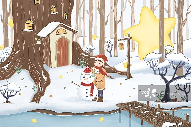 冬天森林小屋小女孩堆雪人图片素材