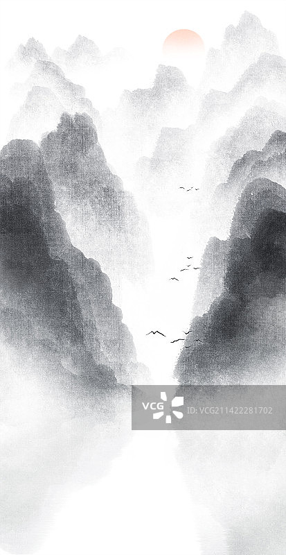 新中式水墨山水风景插画图片素材