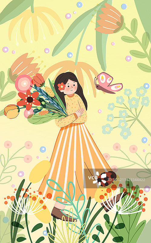 春天节气女神抱着鲜花插画图片素材