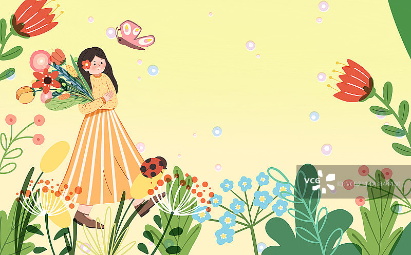 春天节气女神抱着鲜花插画图片素材