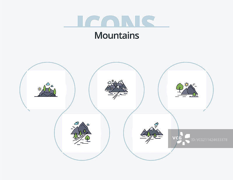 山脉线填充图标包5个图标设计图片素材