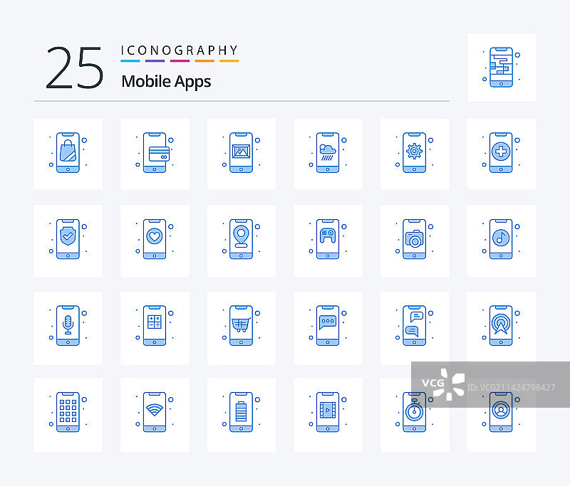 移动应用程序25个蓝色图标包包括图片素材
